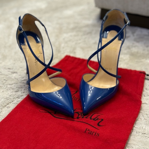 Christian Louboutin | Electric Blue Patent Leather Criss Cross Blake 100 Pumps - Picture 12 of 17